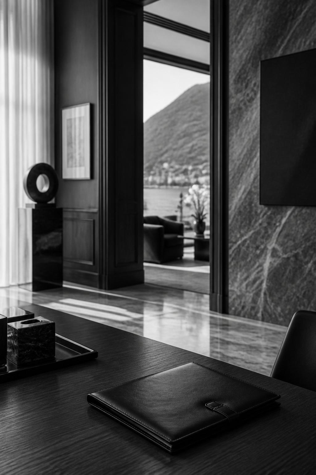 Interno di uno studio privato a Lugano, in bianco e nero