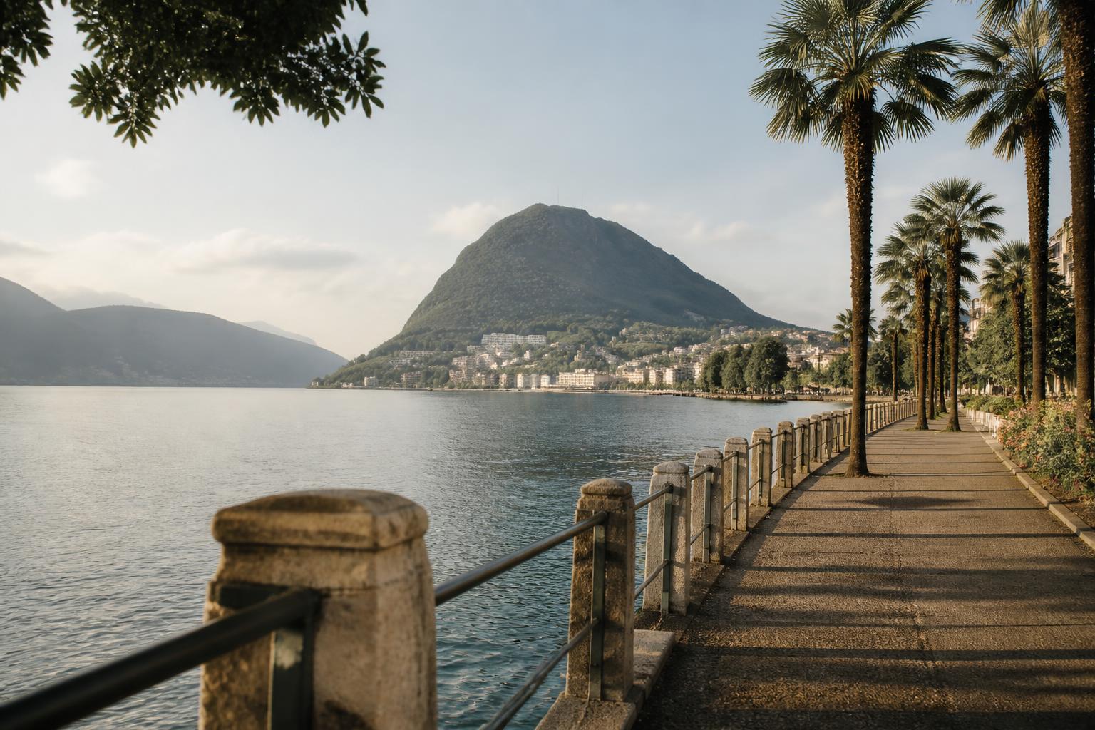 Lugano lakefront with view over Monte San Salvatore